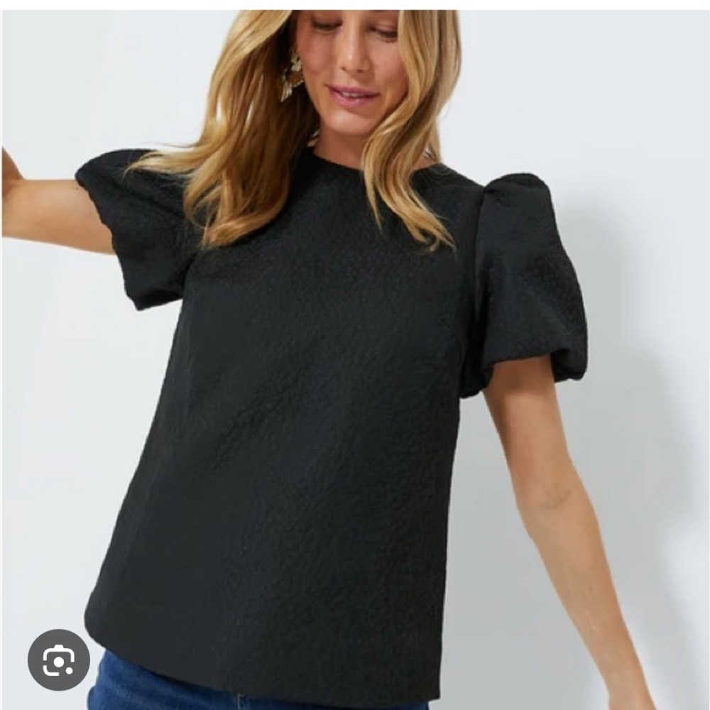 Pomander Place Textured Black Jaquard Layla Puff Sleeve Blouse In Medium - Picture 8 of 10